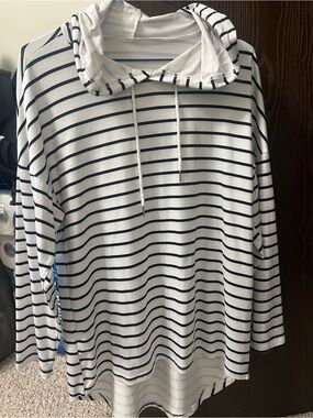 Striped Hooded Long Sleeve Top - White & Navy